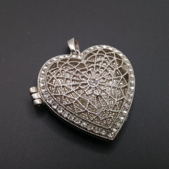 Vintage Rhinestone Heart Locket Pendant Silver Tone Filigree Perfume Holder - Picture 2 of 6